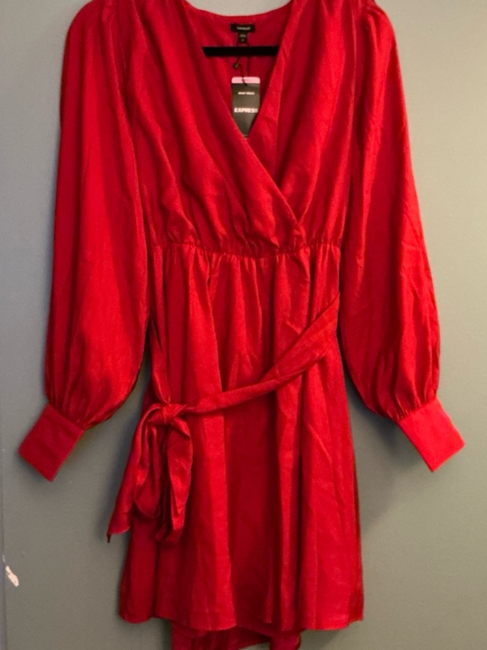 Express Red Wrap Dress with Long Blouson Sleeves